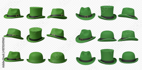 Set of green hats for St. Patrick's Day celebration, isolated on transparent background, various styles of Irish festive headwear.