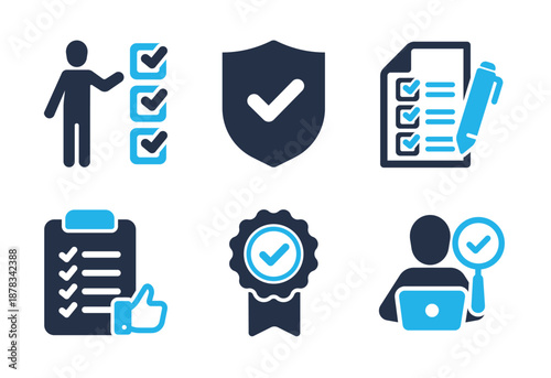 Quality Assurance and Compliance icon set. Solid glyph series icons
