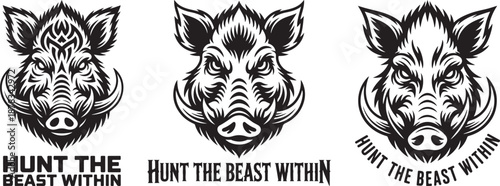 Three Wild Boar Head Logos with "Hunt the Beast Within" Text vector