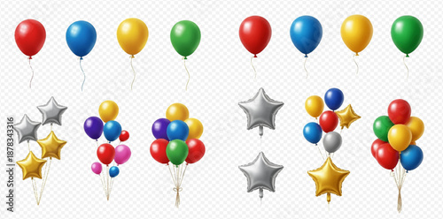Set of colorful realistic balloons, including star-shaped foil balloons, perfect for festive decorations and celebrations.
