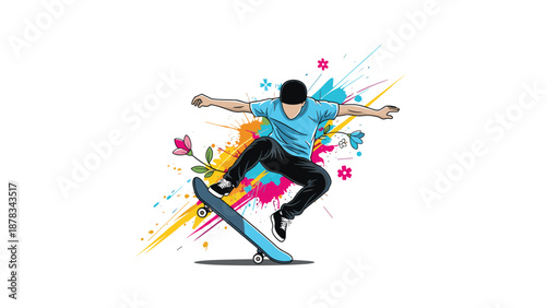 Athletic skateboarder performs impressive aerial trick with colorful paint splashes and floral elements on clean white background.