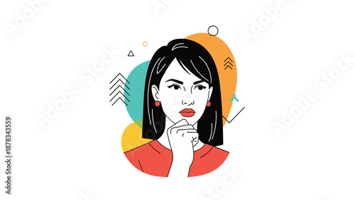 Determined young woman with black hair rests her chin on her hand while thinking deeply against vibrant abstract background shapes.