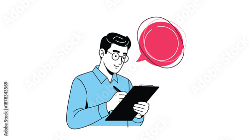 Cheerful young man wearing blue shirt and glasses smiles while writing on black clipboard with pink speech bubble above him.