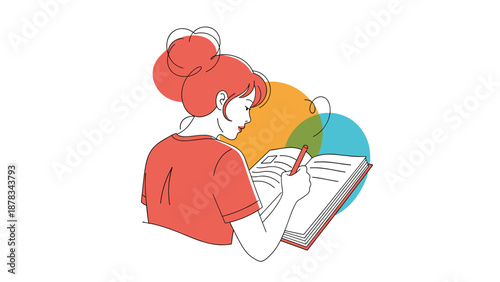 Young woman with red hair bun sits at desk and writes in her journal while surrounded by colorful abstract circles and shapes.