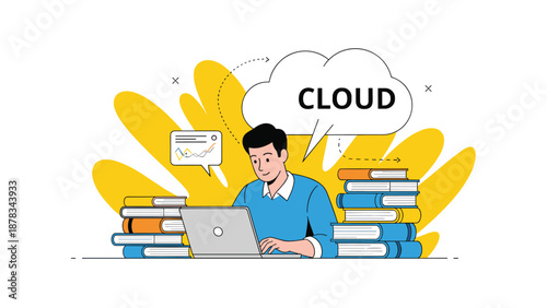 Male student works on laptop surrounded by stacks of books while cloud icon with text appears above him in creative space.