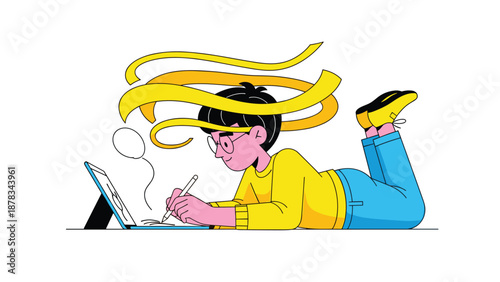 Creative artist lies on floor and uses digital pen to draw on tablet while yellow abstract swirl floats around their head.