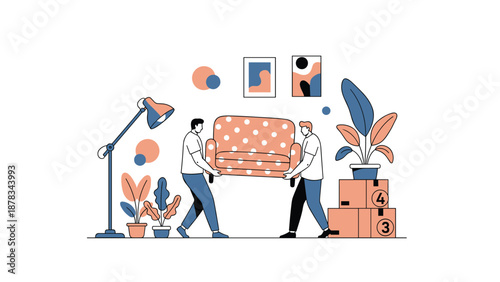 Professional movers carry polka dot sofa into new apartment surrounded by boxes and indoor plants on white background.