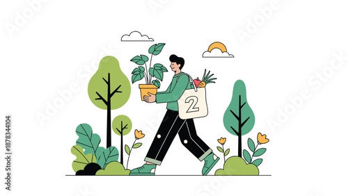 Happy man walks through a green park carrying a potted plant and a reusable grocery bag filled with fresh, healthy produce.