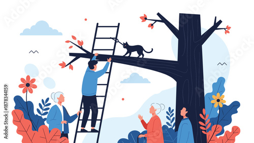 Kind man climbs a ladder to rescue a black cat from a tall tree while senior citizens watch with concern and appreciation.