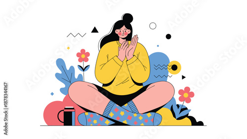 Cheerful woman sits in a meditative pose and claps her hands joyfully, surrounded by colorful abstract shapes and flowers.