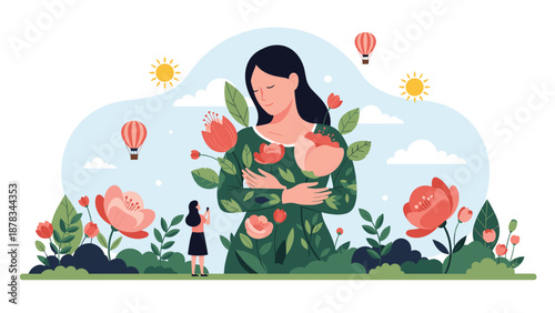 Giant floral woman figure stands peacefully while a tiny person takes a photograph of the beautiful, blooming display.