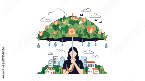 Woman holds a large umbrella decorated with vibrant flowers to protect herself from rain above a small, colorful town.