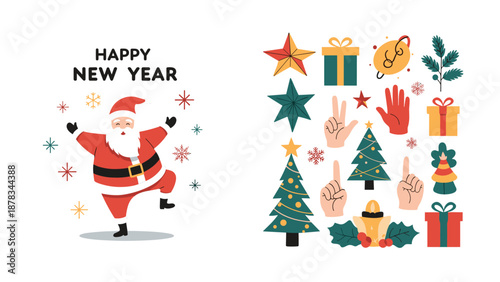 Happy Santa Claus dances joyfully next to a collection of festive Christmas icons including trees, gifts, and stars.