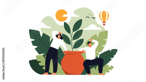 Two people relax and lean against a massive potted plant in a lush landscape, enjoying a peaceful day under the sun.