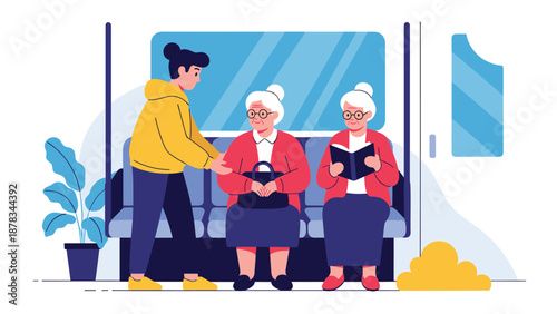 Kind young person offers their seat to an elderly woman on a busy public train, demonstrating respect and social care.