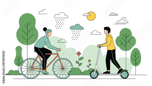 Woman rides a bicycle and a man travels on a kick scooter through a green park under a light, refreshing summer rain.