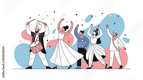 Group of happy people in traditional costumes dancing and playing music with drums during a festive celebration with confetti.