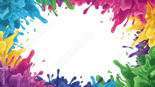 Vibrant paint splatters forming a colorful frame on a clean surface viewed from directly above