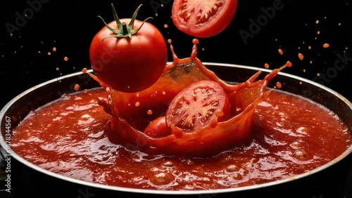 Fresh red tomatoes splashing into thick tomato sauce against black background