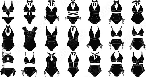 Collection of women beachwear silhouettes featuring various bikini sets, one-piece swimsuits, high waisted bottoms, and halter neck styles for fashion design and summer concepts.