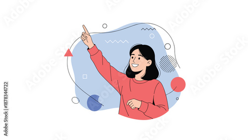 Young woman wearing a red sweater is pointing her finger upwards with a happy smile against a decorative blue background.