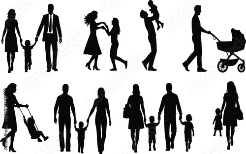 Set of family silhouettes including parents walking with children, fathers playing with babies, and mothers with strollers for parenthood and family life vector design