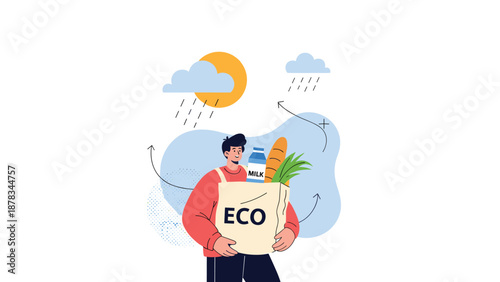 Person is carrying an eco-friendly grocery bag filled with fresh milk bread and vegetables under the sun and rain clouds.
