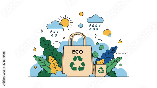 Eco-friendly paper shopping bags with recycle symbols are placed in a lush green garden under the sun and rain clouds.