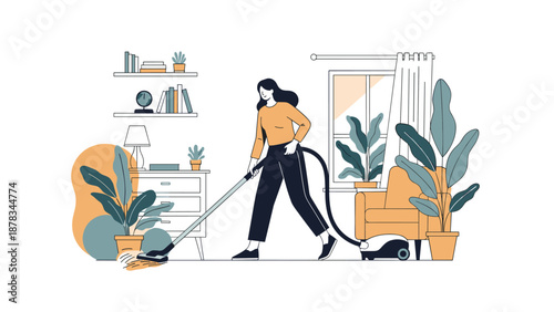 Woman is vacuuming the floor in a modern and clean living room with furniture books and indoor plants in a tidy home setting.