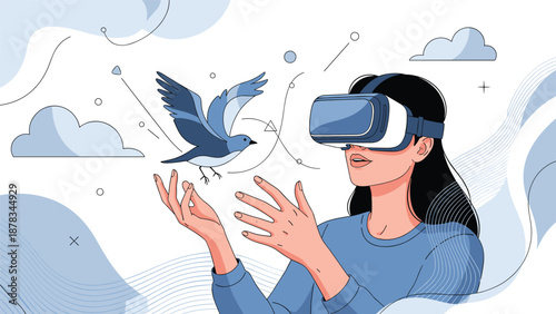 Young woman wearing a virtual reality headset is experiencing a digital world by touching a flying blue bird with her hands.