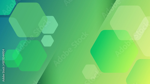 An energetic abstract background showcasing overlapping green and yellow hexagons with subtle drop shadows and a diagonal light beam effect perfect for eco-friendly or tech branding