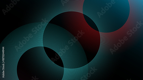 High tech visual concept featuring intricate cyan and red thin line circles intersecting over a black background to simulate digital connectivity or data flow