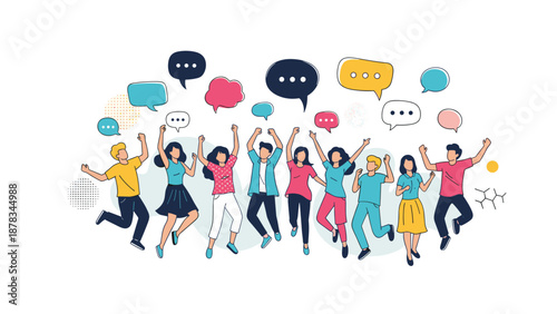 Large group of diverse young people are jumping and cheering with colorful speech bubbles showing joy and community spirit.
