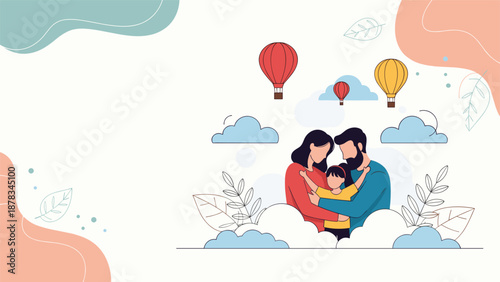 Happy family consisting of a mother father and child are hugging each other among soft clouds and colorful hot air balloons.