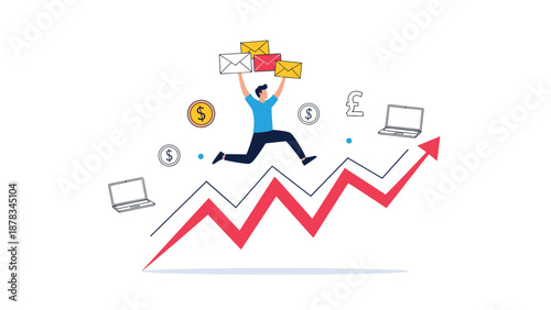 Man is running upwards along a rising arrow chart while carrying mail envelopes symbolizing business growth and fast communication.