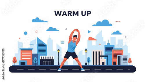 Athletic man performs stretching exercises for a warm up session on a city street with modern buildings and a clear blue sky background.