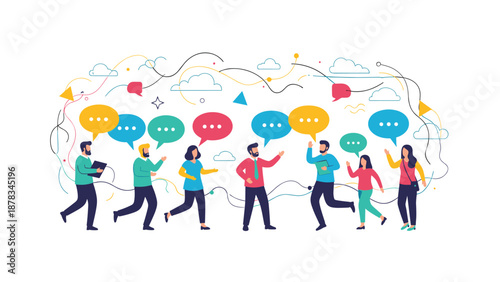Group of diverse professional people engage in an active conversation with colorful speech bubbles against a decorative background.