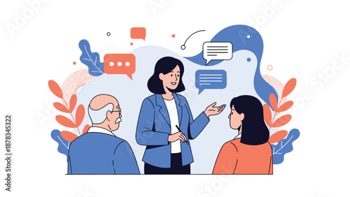 Professional woman explains something important to an elderly man and another woman in an office setting with colorful speech bubbles.