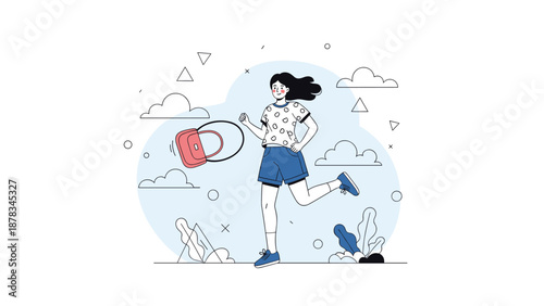 Fashionable woman walks briskly or runs with a red handbag in a stylized setting with clouds and abstract geometric elements around her.
