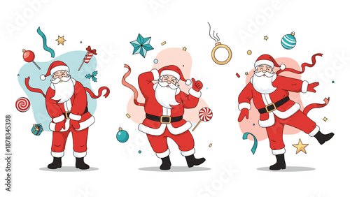 Collection of three happy santa claus characters dancing and celebrating with festive decorations like candy canes and ornaments.