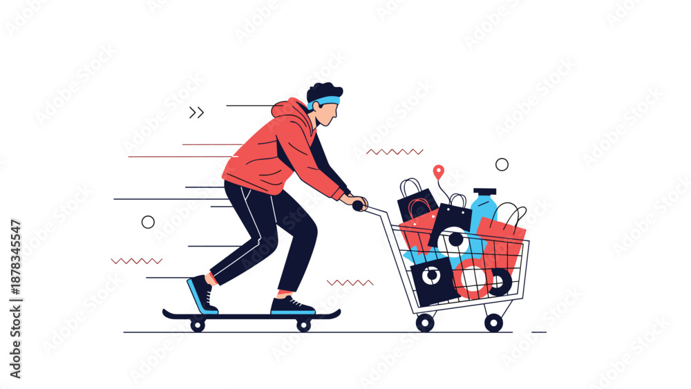 Fototapeta premium Energetic man rides a skateboard while pushing a shopping cart full of colorful bags to represent fast delivery or a quick shopping trip.
