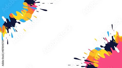 Vibrant abstract splash of colorful paint fragments on a clean surface viewed from directly above