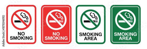 No smoking area and smoking area signs with red stop symbols, ban silhouette icons, printable design template for public safety.