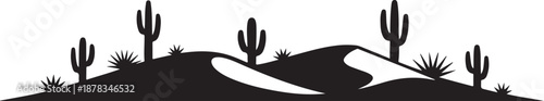 Silhouette of Cacti and Desert Landscape black and white