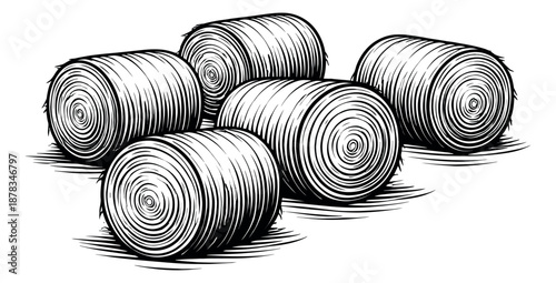 Engraved style hay bale set featuring five round straw bales for farming concepts