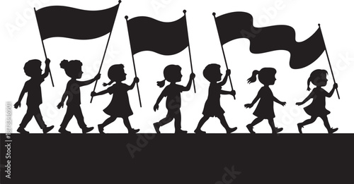 Silhouette of children marching with black flags protest