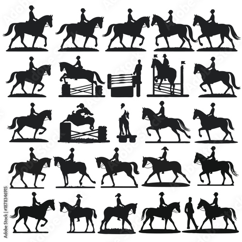 Collection of various horse riding silhouettes in different positions and activities on white background high quality