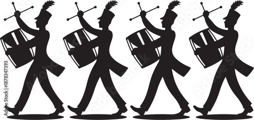 Silhouette of four drummers marching with snare drums