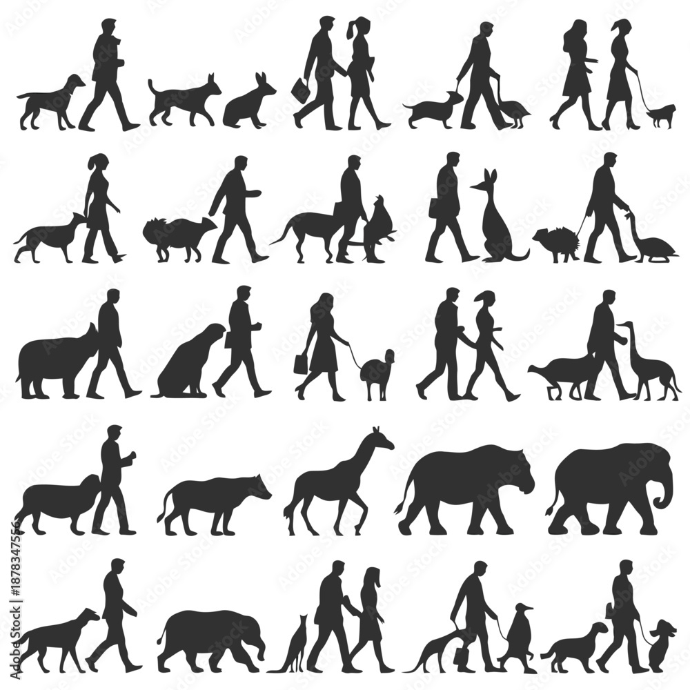 Fototapeta premium silhouette illustrations of people walking with various animals in different poses and sizes high quality professional