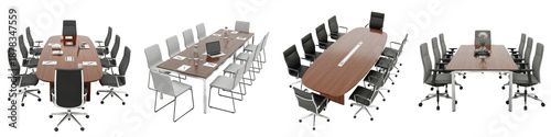 Set of modern office conference tables and chairs isolated on white background, 3D render of boardroom furniture for business meetings